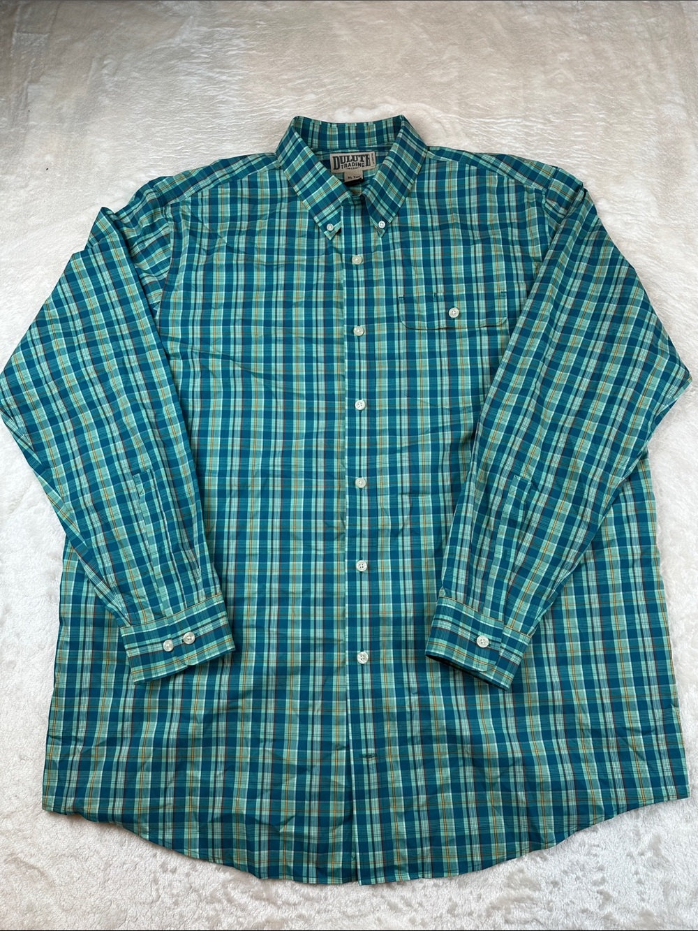 Duluth Trading Co Size XLT Teal and Blue Plaid Button-Down Shirt | Business